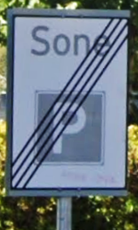 Skilt som viser at du kjører ut av en boligsone. for parkering - Klikk for stort bilde