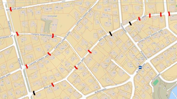De røde strekene er nye fartsdempere kommunen planlegger å etablere i gatene Alby gate, Grimsrødgate, Torgny Segerstedsvei og Camilla Colletsgate. De svarte strekene er farstdempere som allerede er etablert.  - Klikk for stort bilde